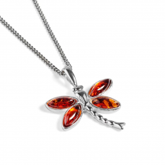 Pointed Dragonfly Necklace in Silver & Amber 