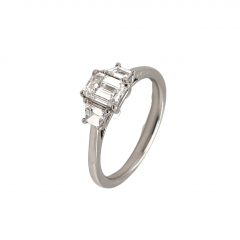 Platinum Three Stone Engagement ring with Emerald Cut Diamond 