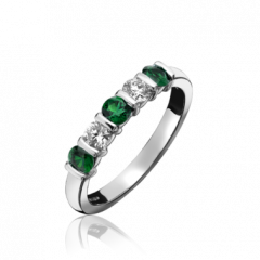 Emerald and Diamond 5 Stone Bar Set Ring 