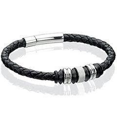 Black Leather Bracelet with Stainless Steel