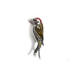 Small Amber, Coral and Silver Woodpecker Brooch