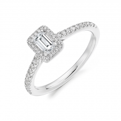 Platinum Emerald Cut Diamond Halo Engagement Ring 