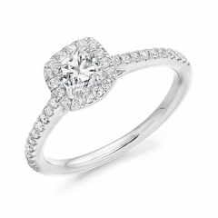 Cushion Cut Claw Set Diamond Halo Platinum Engagement Ring with Diamond Set Shoulders