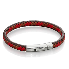 Fred Bennett Woven Tan & Red Leather Bracelet 