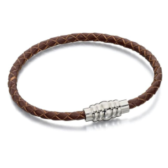 Fred Bennett Skinny Stainless Steel Brown Leather Bracelet