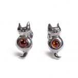 Sitting Cat Stud Earrings in Silver & Amber