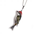 Small Amber and Coral Woodpecker Bird Necklace