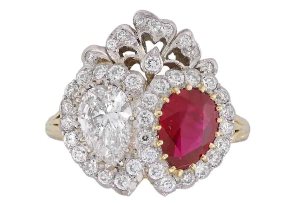 Ruby and diamond double heart ring